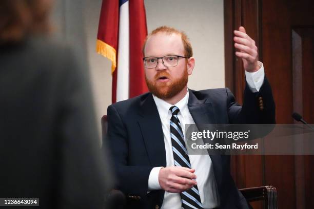 Defendant Travis McMichael testifies during his trial for the killing of Ahmaud Arbery at the Glynn County Courthouse on November 18, 2021 in...