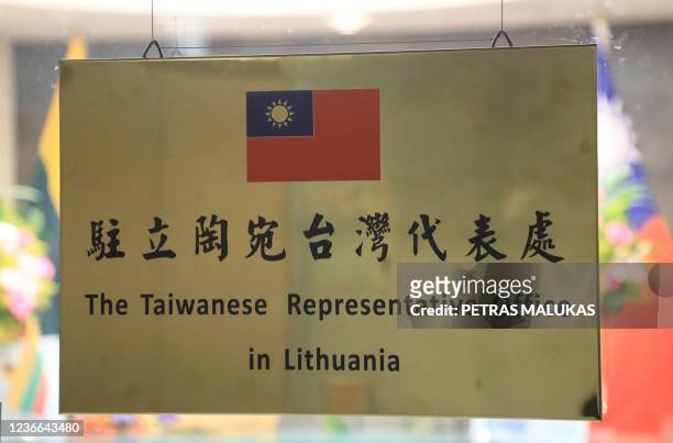 Picture taken on November 18 ,2021 shows the name plaque at the Taiwanese Representative Office in Lithuania, Vilnius. - Taipei announced on November...