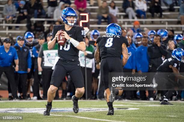 Buffalo Bulls Quarterback Matt Myers looks to throw the ball during the first half of the College Football game between the Northern Illinois Huskies...