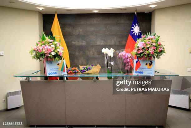 Picture taken on November 18 ,2021 shows the lobby of the Taiwanese Representative Office with flowers in Lithuania, Vilnius. - Taipei announced on...