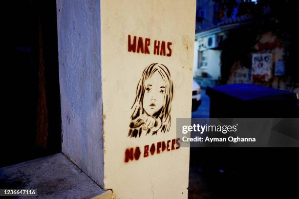 Street art in Mytilene seen on November 18, 2021 in Lesbos, Greece. Once famed for its voluntary rescue of migrants on rickety boats, the Greek...