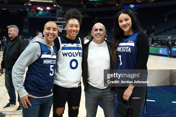 Layshia Clarendon, Aerial Powers Marc Lore and Natalie Achonwa pose for a photo after the game between the Minnesota Timberwolves and the Phoenix...