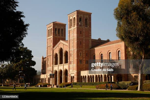 Royce Hall on the campus of the University of California, Los Angeles as UCLA lecturers and students celebrate after a strike was averted Wednesday...