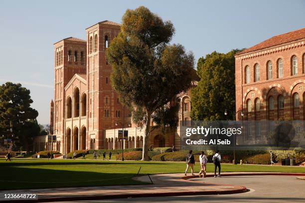 Royce Hall on the campus of the University of California, Los Angeles as UCLA lecturers and students celebrate after a strike was averted Wednesday...
