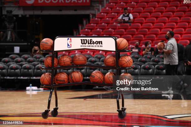 Ball rack sits on the court before the game between the Miami Heat and the Washington Wizards on November 18, 2021 at FTX Arena in Miami, Florida....