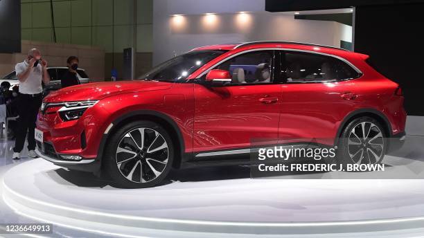 The VF e35 from Vietnamese automaker VinFast is displayed at the Los Angeles Auto Show in Los Angeles, California on November 18, 2021.