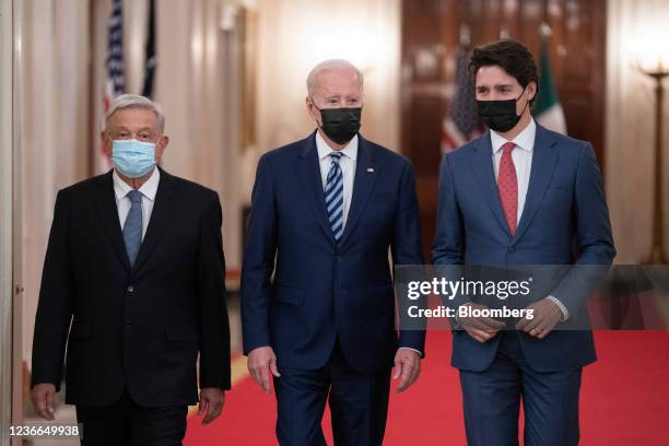 Andres Manuel Lopez Obrador, Mexico's president, from left, U.S. President Joe Biden, and Justin Trudeau, Canada's prime minister, arrive for the...