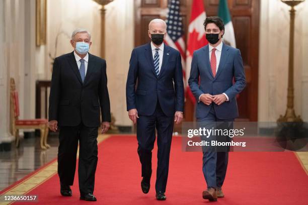 Andres Manuel Lopez Obrador, Mexico's president, from left, U.S. President Joe Biden, and Justin Trudeau, Canada's prime minister, arrive for the...