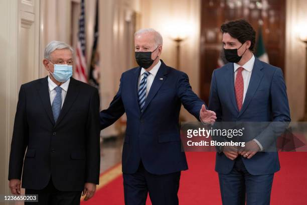 Andres Manuel Lopez Obrador, Mexico's president, from left, U.S. President Joe Biden, and Justin Trudeau, Canada's prime minister, arrive for the...