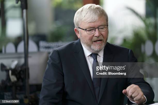 Kevin Rudd, Australia's former prime minister, speaks during a Bloomberg Television interview on the sidelines of the Bloomberg New Economy Forum in...