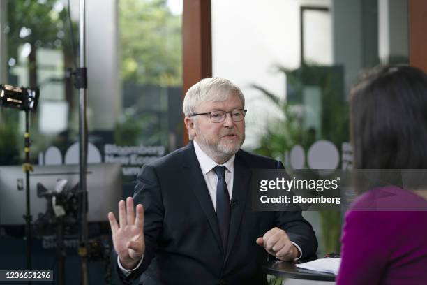 Kevin Rudd, Australia's former prime minister, speaks during a Bloomberg Television interview on the sidelines of the Bloomberg New Economy Forum in...