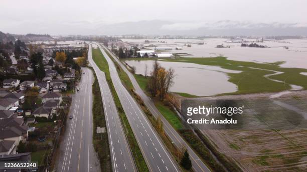 An aerial view shows the flooding in the Sumas area of Abbotsford, British Columbia next to Trans-Canada Hwy on November 18, 2021.