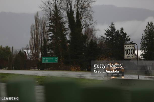 Flooding in the Sumas area of Abbotsford, British Columbia is seen next to Trans-Canada Hwy on November 18, 2021.