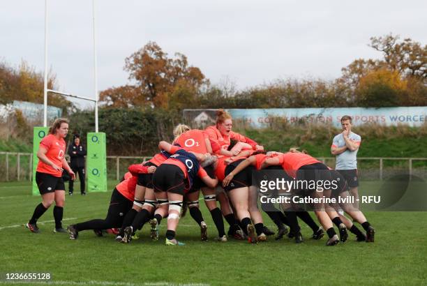 General view of a Scrum during an England Women's Training session at Sixways Stadium on November 18, 2021 in Worcester, England. The Red Roses will...
