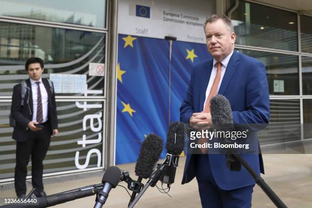 David Frost, U.K. Brexit minister, talks to media as he arrives for a meeting with Maros Sefcovic, vice president of European Commission, at the...