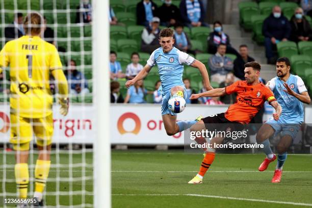 Connor Metcalfe of Melbourne City FC kicks the ball during the round 1 A-League soccer match between Melbourne City FC and Brisbane Roar FC on...