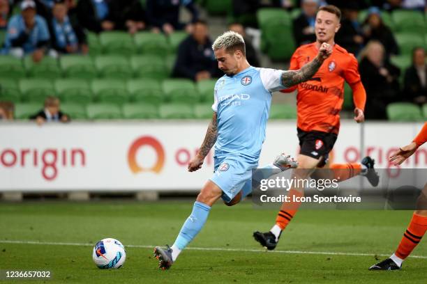 Jamie Maclaren of Melbourne City FC has a shot at goal during the round 1 A-League soccer match between Melbourne City FC and Brisbane Roar FC on...