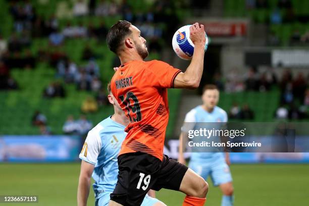 Jack Hingert of Brisbane Roar controls the ball during the round 1 A-League soccer match between Melbourne City FC and Brisbane Roar FC on November...