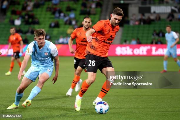 Jay O'Shea of Brisbane Roar controls the ball during the round 1 A-League soccer match between Melbourne City FC and Brisbane Roar FC on November 19,...