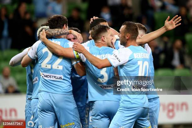 Melbourne City celebrate the goal of Curtis Good during the round 1 A-League soccer match between Melbourne City FC and Brisbane Roar FC on November...