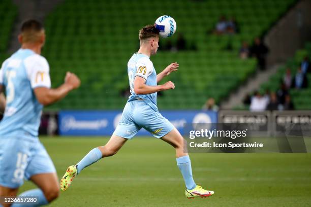 Connor Metcalfe of Melbourne City FC controls the ball during the round 1 A-League soccer match between Melbourne City FC and Brisbane Roar FC on...