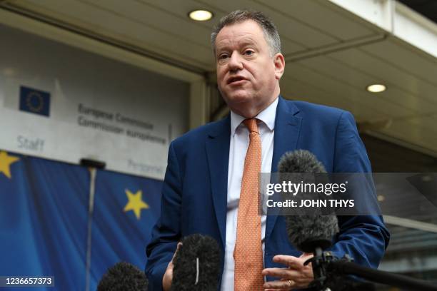 Britains chief Brexit negotiator David Frost speaks to the press after post-Brexit trade disputes negotiations at the European Union headquarters in...