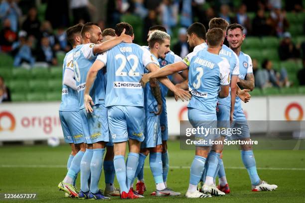 Melbourne City celebrate the goal of Curtis Good during the round 1 A-League soccer match between Melbourne City FC and Brisbane Roar FC on November...