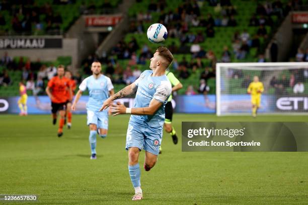 Scott Galloway of Melbourne City FC watches the ball during the round 1 A-League soccer match between Melbourne City FC and Brisbane Roar FC on...