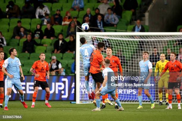 Nuno Reis of Melbourne City FC heads the ball during the round 1 A-League soccer match between Melbourne City FC and Brisbane Roar FC on November 19,...