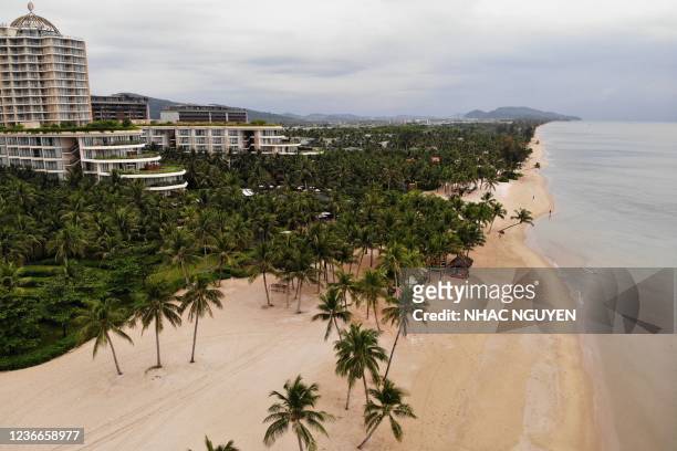 This photo taken on November 18, 2021 shows an aerial view of a beach along Phu Quoc island, as the island prepares for its first international...