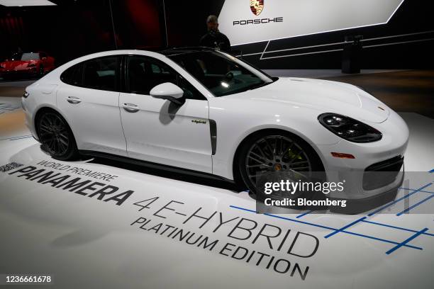 Porsche Panamera 4 E-Hybrid Platinum Edition grand tourer vehicle on display at AutoMobility LA ahead of the Los Angeles Auto Show in Los Angeles,...