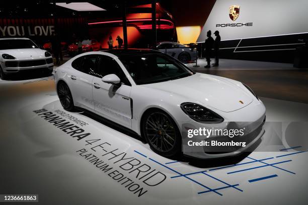 Porsche Panamera 4 E-Hybrid Platinum Edition grand tourer vehicle on display at AutoMobility LA ahead of the Los Angeles Auto Show in Los Angeles,...