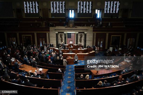 Speaker of the House, Nancy Pelosi , speaks during the passing of the Build Back Better Act vote on the House floor in the US Capitol in Washington,...