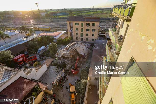 Top view of the completely collapsed building in San Felice Cancello, in the province of Caserta, following an explosion due to a gas leak. All the...