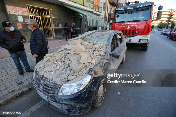 Car completely submerged by the rubble of the completely collapsed building in San Felice Cancello, in the province of Caserta, following an...