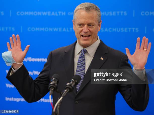 Governor Charlie Baker during a press conference at the Manet Community Health Center Vaccination Site in Quincy, MA on May 10, 2021.