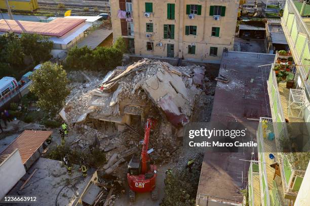 Top view of the completely collapsed building in San Felice Cancello, in the province of Caserta, following an explosion due to a gas leak. All the...