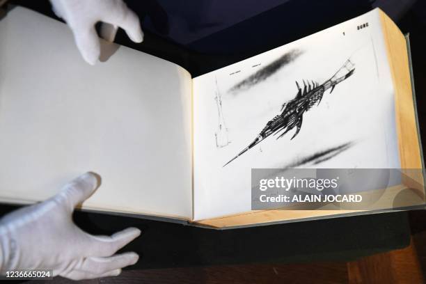 Page of one of the ten Alejandro Jodorowsky's epic 1970 Dune storyboard copies is displayed to the public three days before an auction at Christie's...