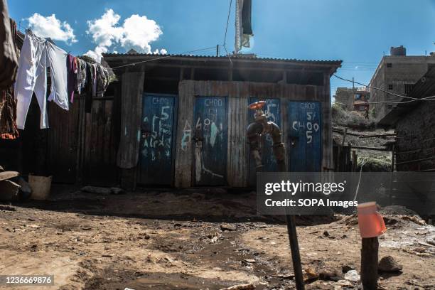 View of a local toilet located around the neighborhoods in Kibera Slums. World Toilet Day is an official United Nations international observance day...