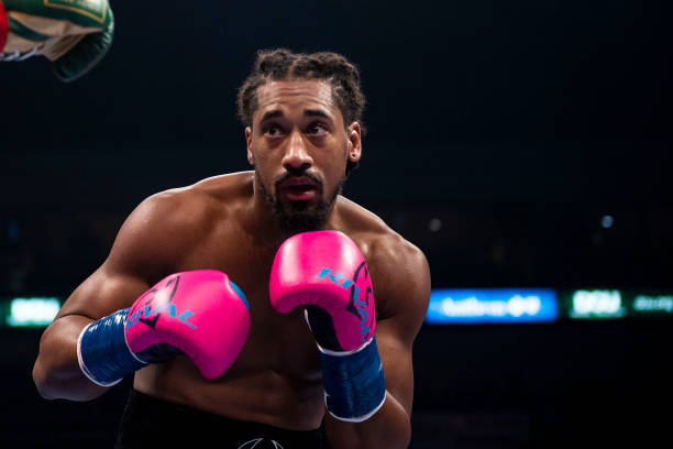Demetrius Andrade fights Jason Quigley during the WBO middleweight title bout at SNHU Arena on November 19, 2021 in Manchester, New Hampshire.