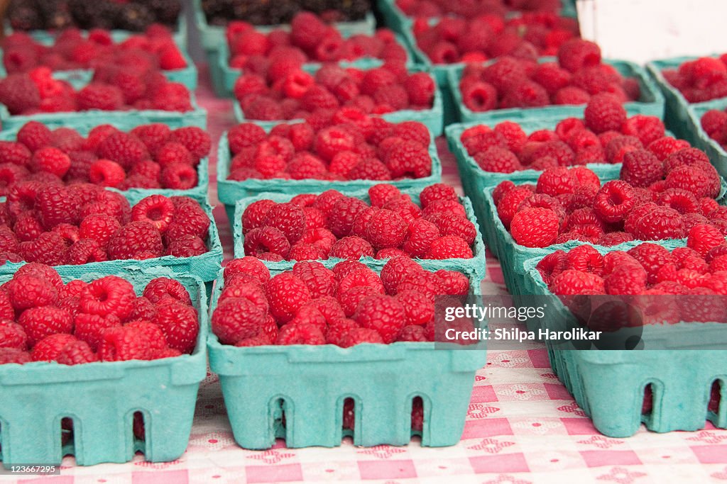 Raspberries in cardboard punnet