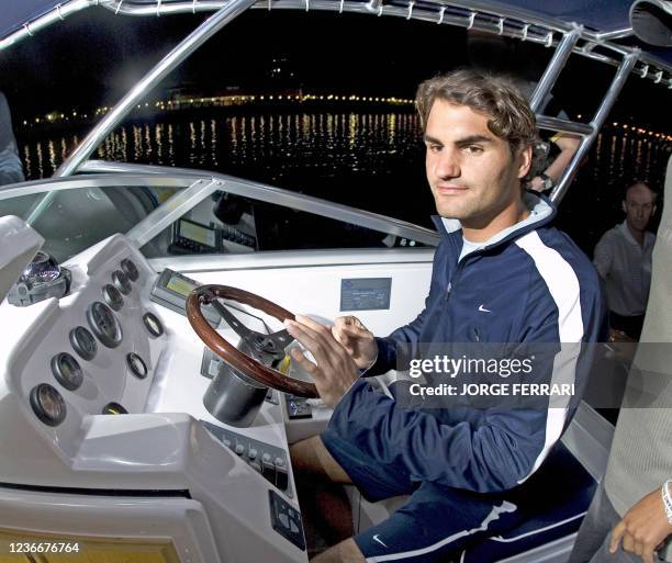 The world number one and three-time Dubai Champion Roger Federer of switzerland enjoying a relaxing night cruise on a luxury speed boat on the Dubai...