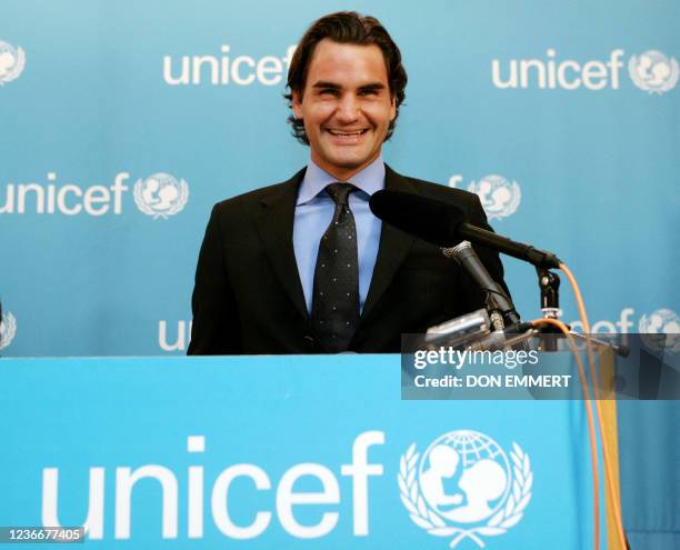 Tennis star Roger Federer of Switzerland talks to those gathered to see him join UNICEF as a Goodwill Ambassador 3 April, 2006 in New York. Like...