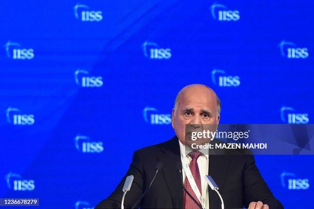 Fuad Hussein, Iraq's Deputy Prime Minister and Foreign Minister, speaks during the 17th IISS Manama Dialogue in the Bahraini capital Manama on...