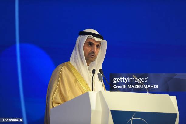 Nayef al-Hajraf, Secretary General of the Gulf Cooperation Council , speaks during the 17th IISS Manama Dialogue in the Bahraini capital Manama on...