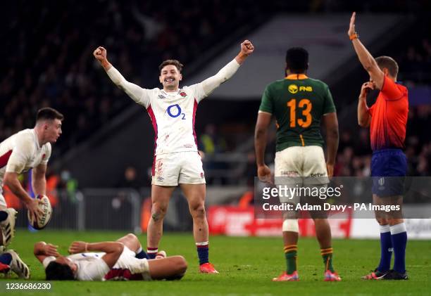 England's Jonny May celebrates as they are awarded a penalty late in the Autumn International match at Twickenham Stadium, London. Picture date:...