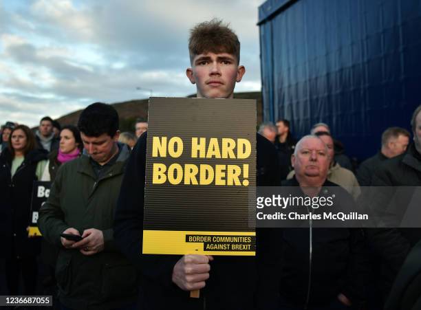 Border Communities against Brexit protestors take part in a demonstration on November 20, 2021 in Newry, Northern Ireland. Protestors are taking part...