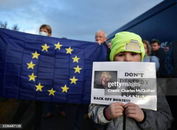 Young boy holds a Back Off Boris placard as Border Communities against Brexit protestors take part in a demonstration on November 20, 2021 in Newry,...