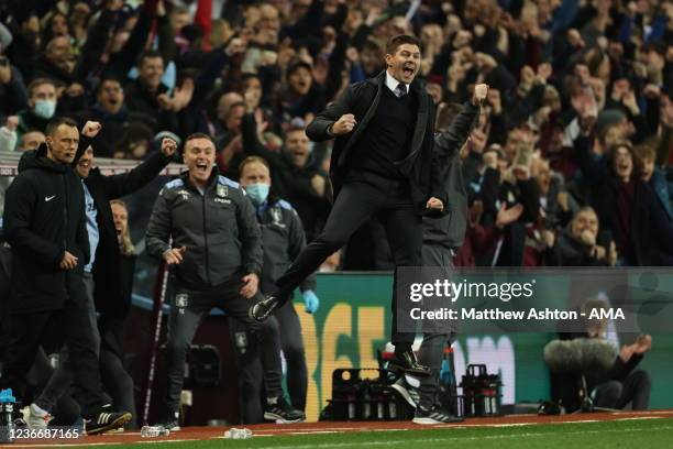Steven Gerrard the manager / head coach of Aston Villa celebrates after Tyrone Mings of Aston Villa scored a goal to make it 2-0 during the Premier...