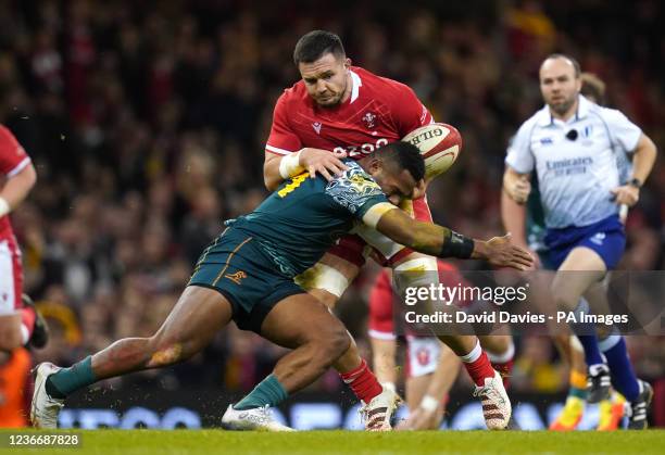 Australia's Filipo Daugunu tackles Wales' Ellis Jenkins during the Autumn International match at the Principality Stadium, Cardiff. Picture date:...